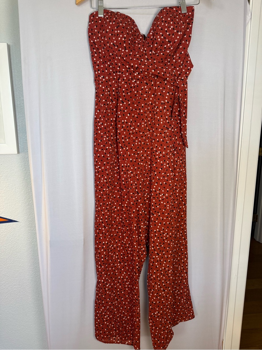 Trixxi Rust Polka Dot Strapless Wide-Leg Jumpsuit